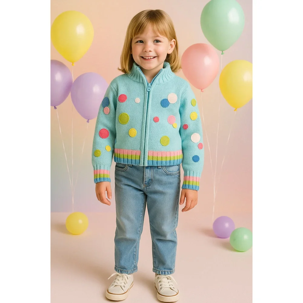 Talbots Kids Vintage 90s Girls Knit Cardigan | Size 6 | Turquoise Polka Dots